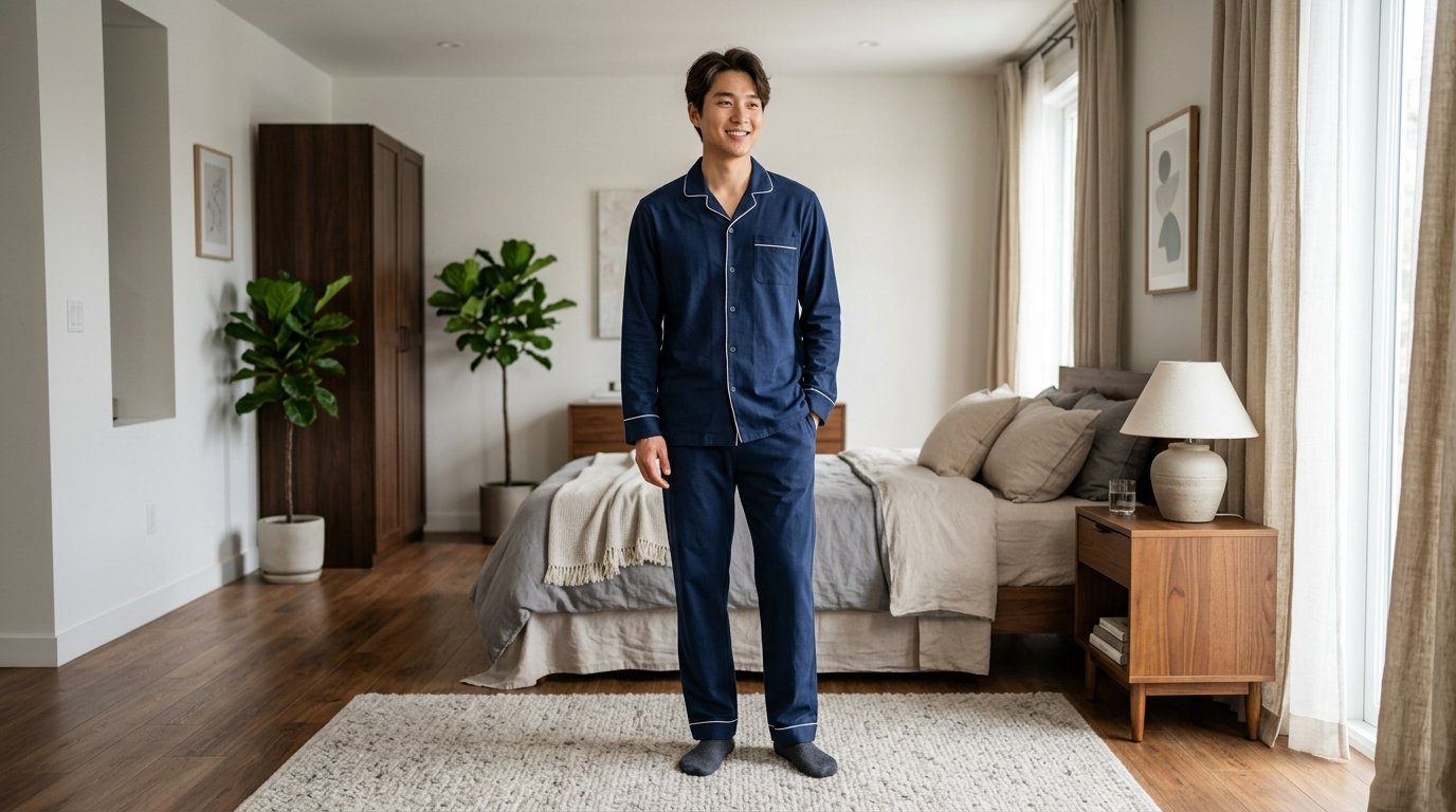 사람들이 편안한 실내에서 잠옷을 입고 있는 모습