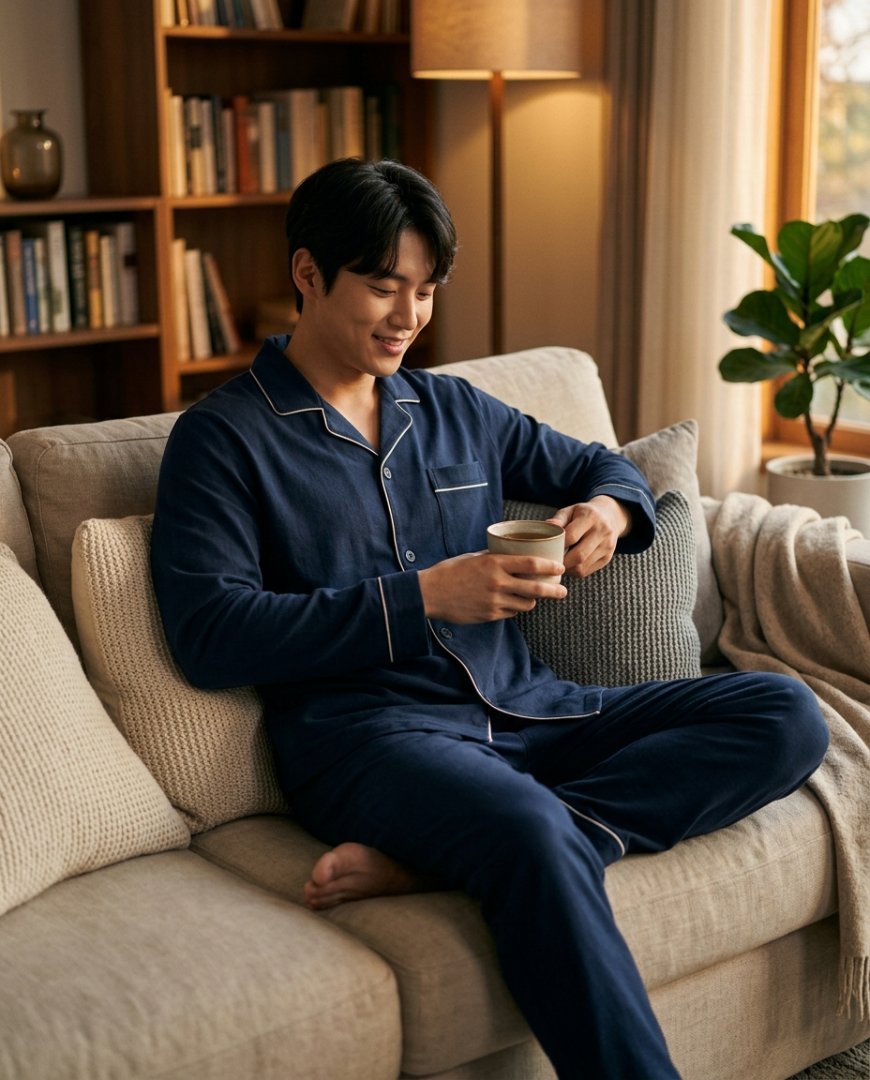거실 소파에 누워 린넨 재질의 긴 바지 잠옷을 입은 사람