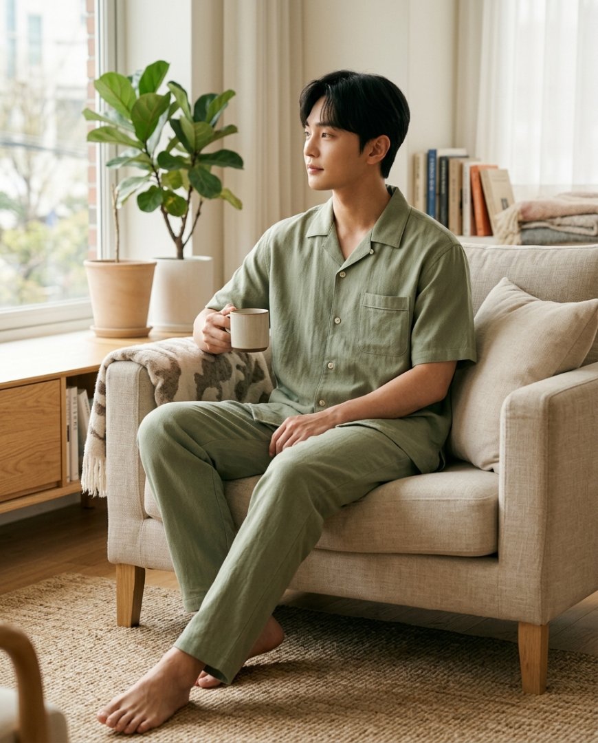 모던한 인테리어에서 네이비 슬립 파자마를 입고 서 있는 사람