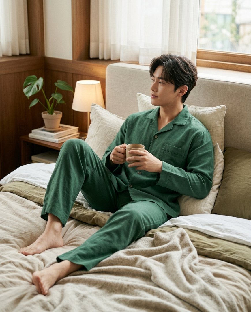 평온한 정원에서 레이온 혼방 파자마를 입고 있는 사람