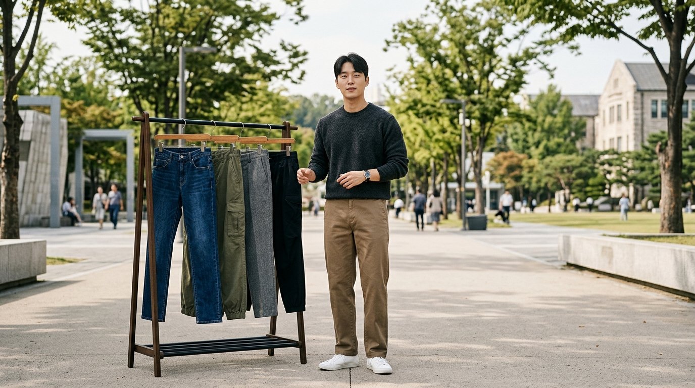 여러 팬츠 스타일이 놓여 있는 테이블