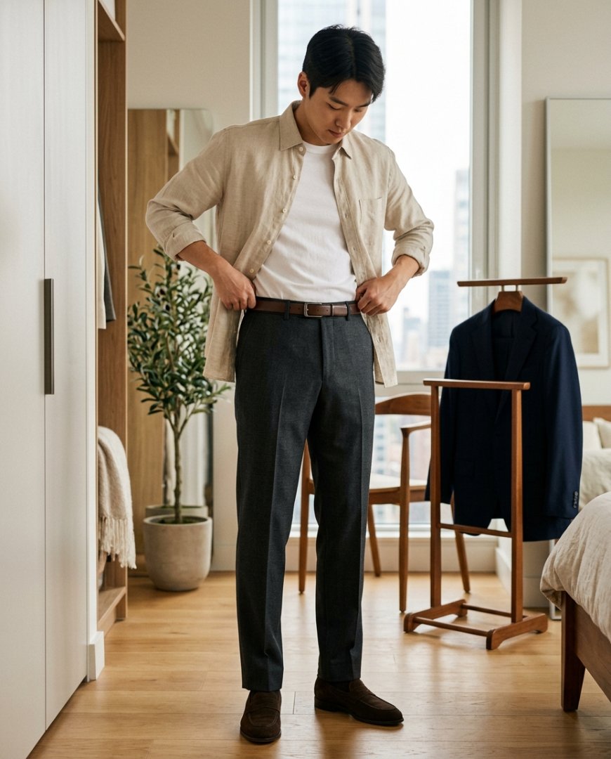 면 소재 팬츠에 니트를 매칭한 캐주얼한 스타일