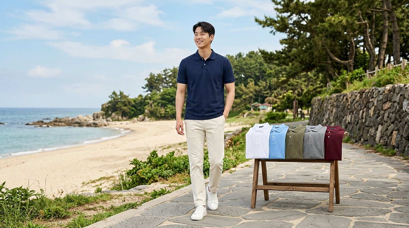 세련된 패션 매장에 다양한 남성 폴로셔츠가 진열된 모습