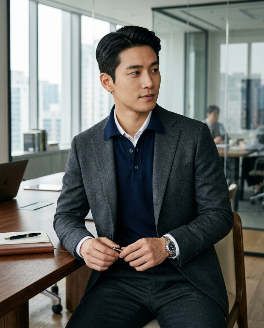 드레싱룸에 고급스럽게 진열된 블루 폴로셔츠와 슬랙스