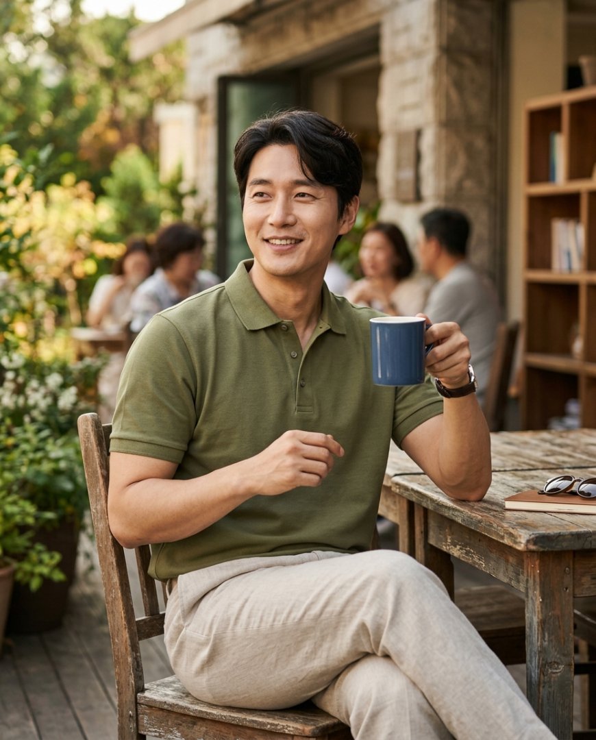 라운지 소파 위에 데님 폴로셔츠와 편안한 릴렉스 팬츠