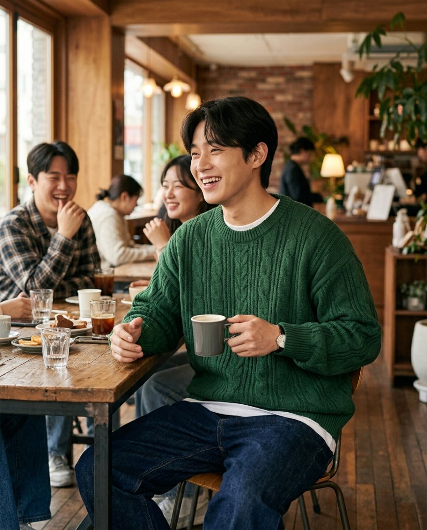 치노 팬츠와 풀오버를 입고 카페에서 커피를 마시는 남성