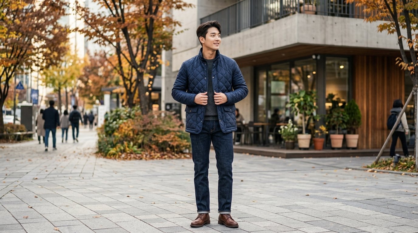 도심 거리에서 퀼팅자켓을 입은 모델