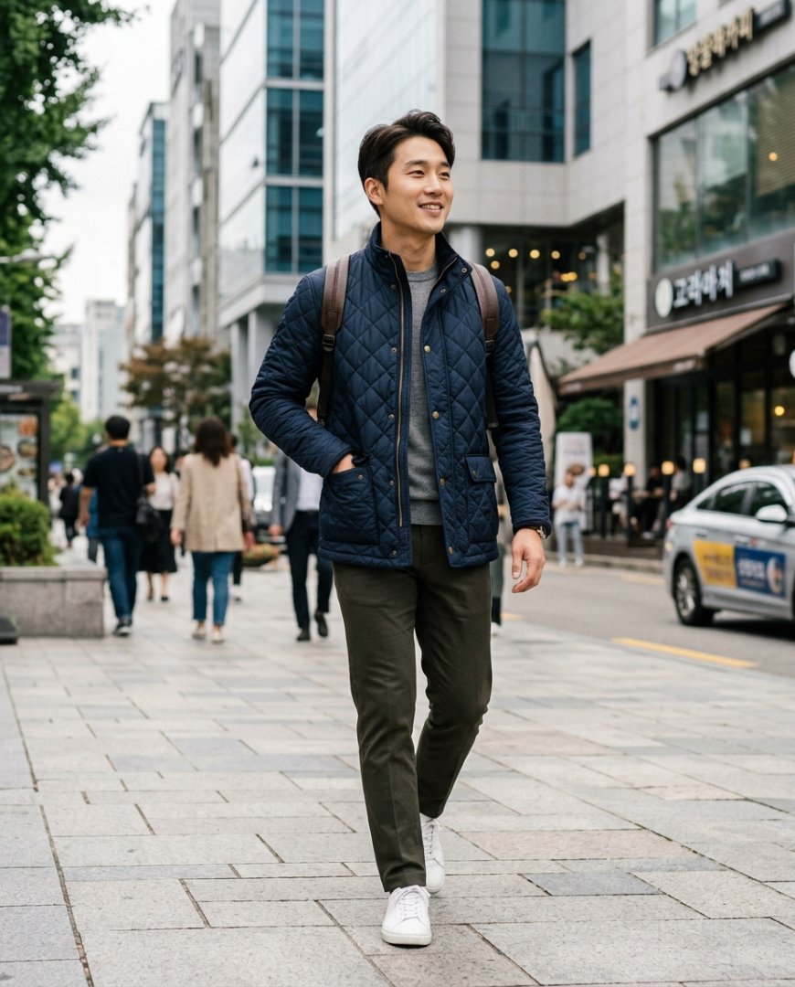 실내에서 블랙 퀼팅자켓을 착용하고 있는 남성