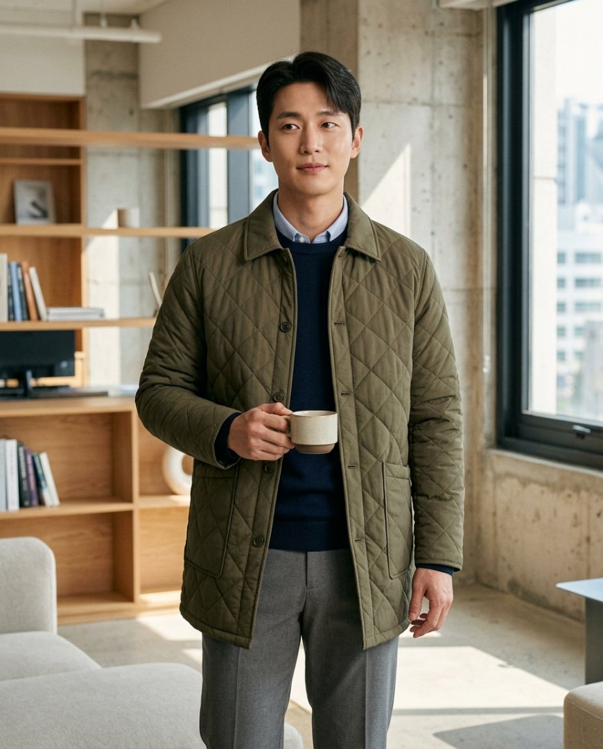 오피스에서 슬랙스와 퀼팅자켓을 입고 있는 남성