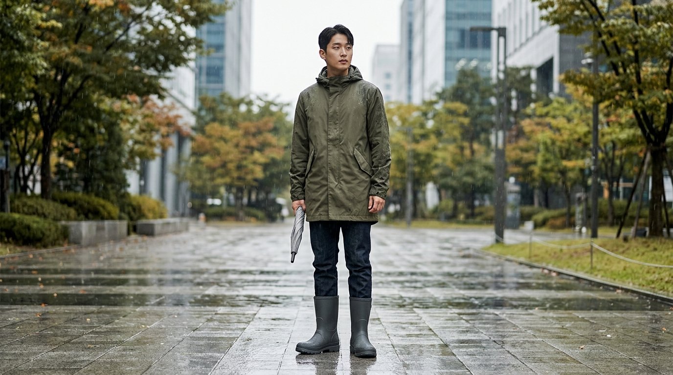 남성 레인부츠가 신겨진 남성의 도심 풍경