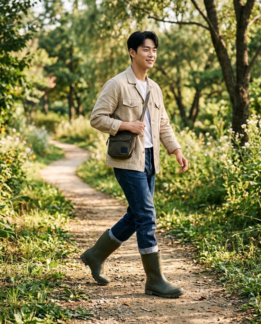해변 근처에서 반바지와 레인부츠를 착용한 남성의 산책 모습
