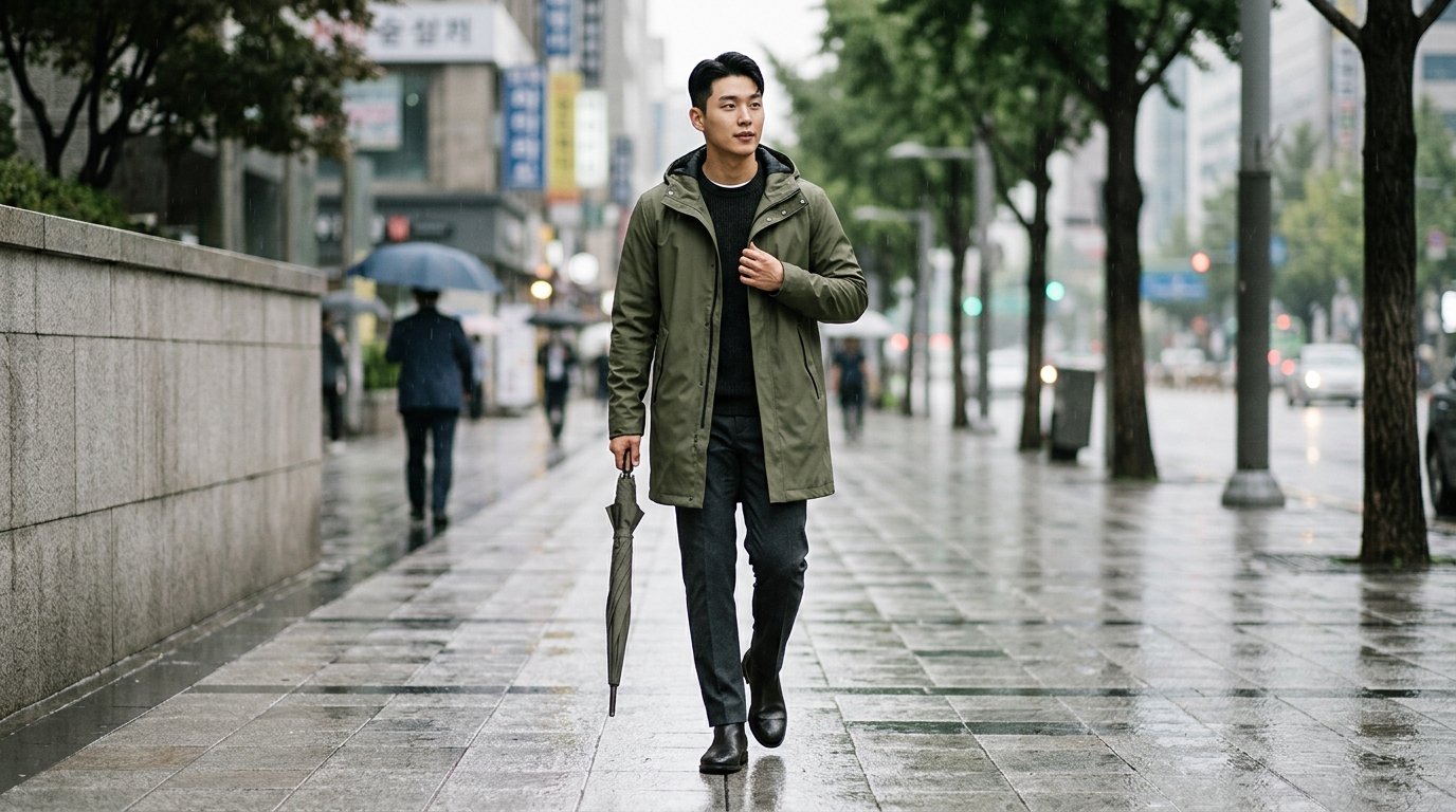 빗속 거리에서 레인코트를 입은 사람들이 걸어가는 모습
