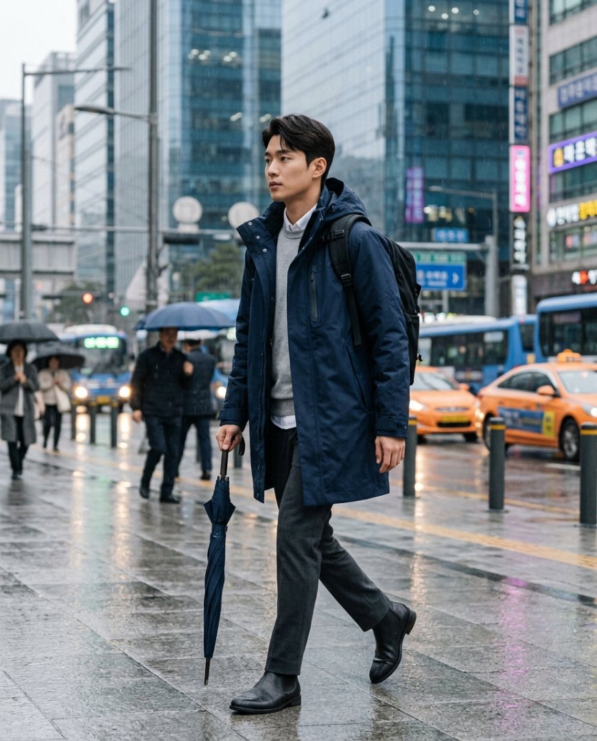버스에서 내리는 비즈니스 캐주얼 남성