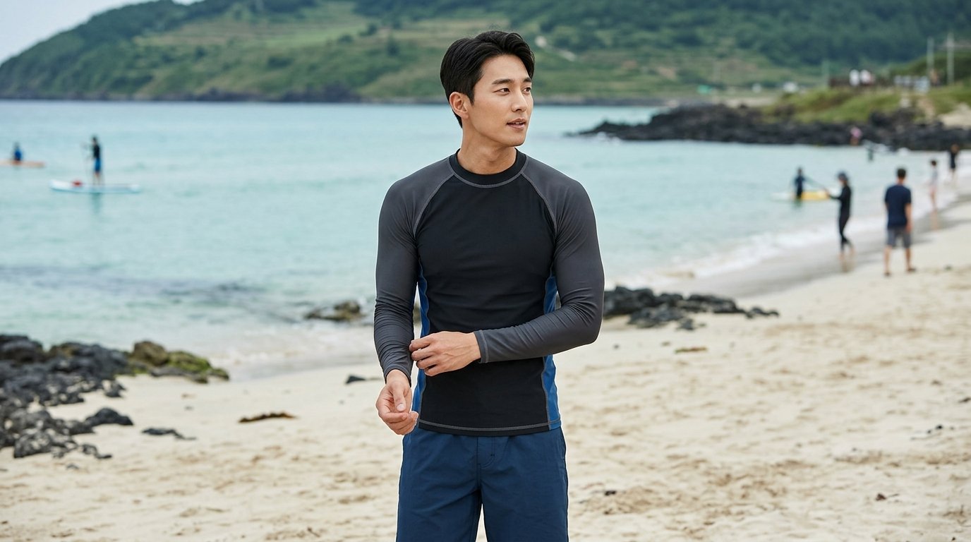 해변가에서 다양한 디자인의 남성 래쉬가드를 착용한 사람들