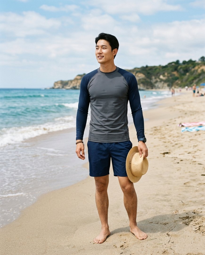 밝은 래쉬가드를 입고 해변에서 산책하는 모델