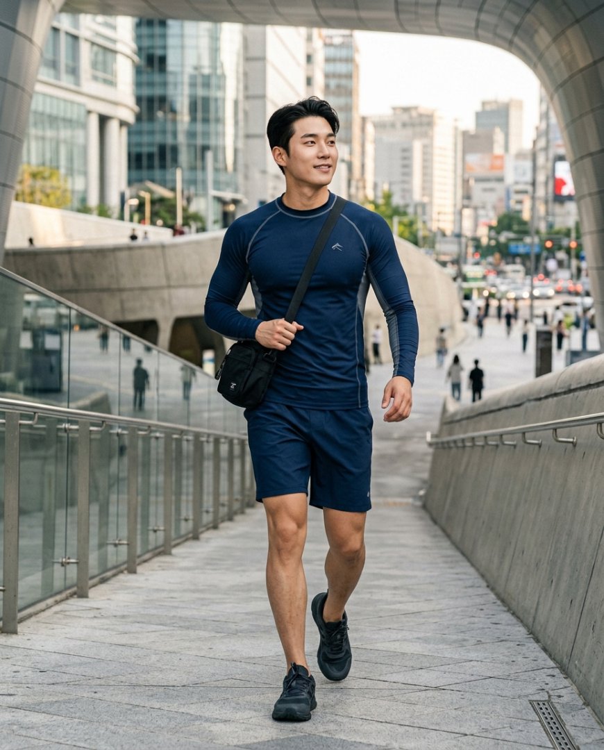 어두운 래쉬가드와 보드숏을 입고 도심에서 활동하는 모델