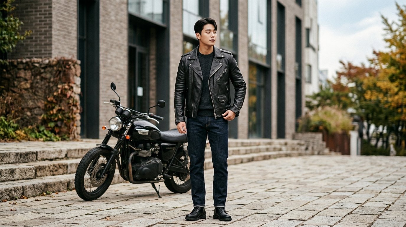 현대적인 옷장에 다양한 라이더자켓을 전시한 장면