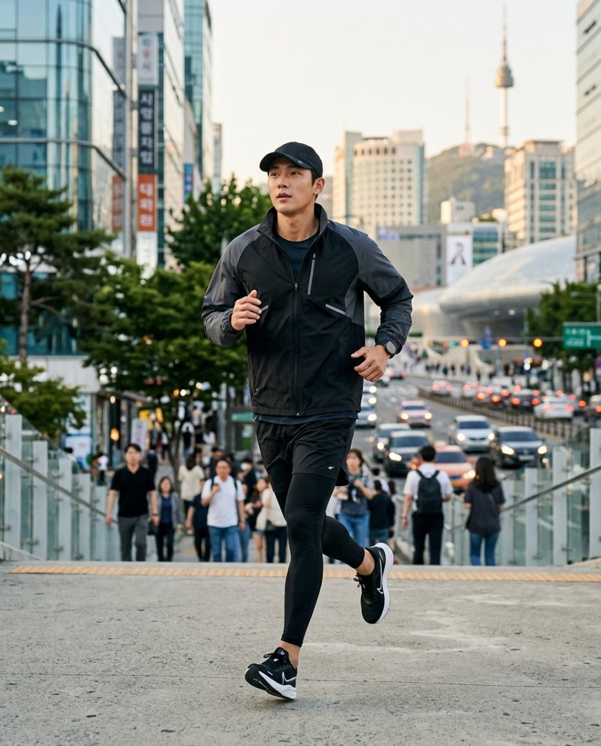 도심 속 활기찬 모습으로 스타일리시하게 바람막이 입고 탐험하는 사람