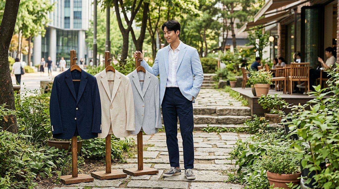 거리에서 다양한 남성 자켓을 입은 모습