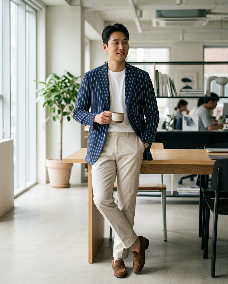 도시 사무실 복도에 블랙 자켓을 입은 남성
