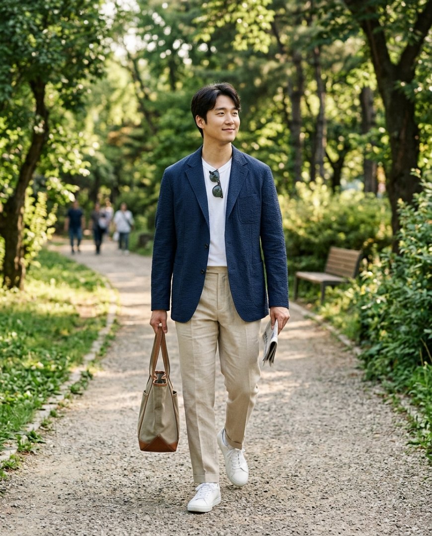 갈색 자켓을 입고 카페에서 휴식 중인 남성