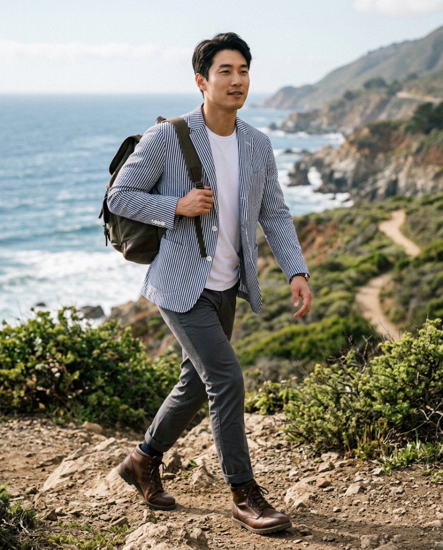 아웃도어 활동에 적합한 녹색 자켓을 착용한 남성