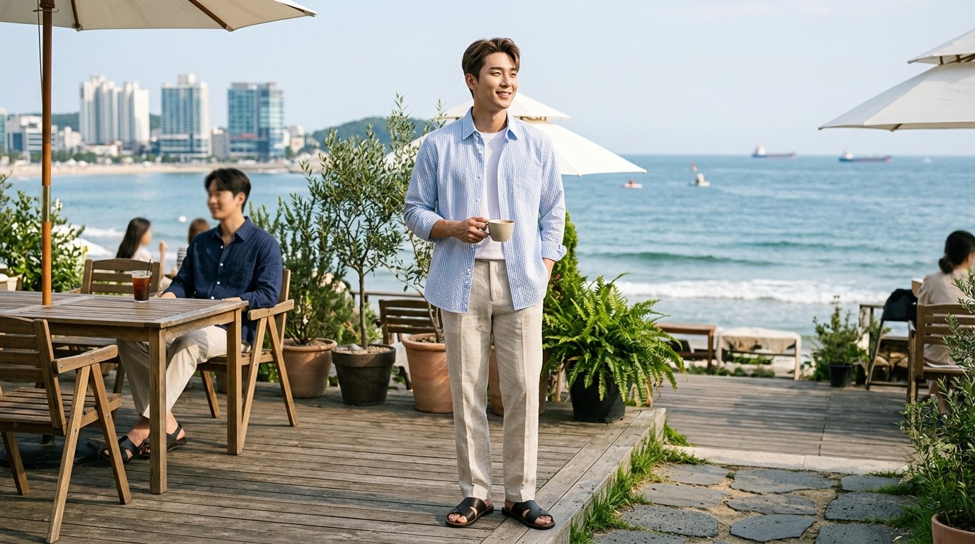 야외에서 포즈를 취하는 모델. 넓은 배경에 나무와 태양이 보임.