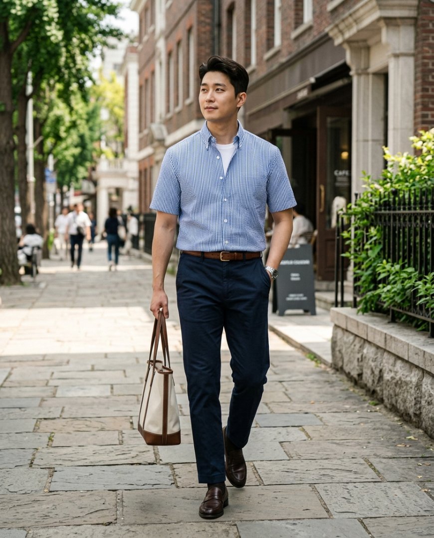 도시 거리에서 차콜 셔츠와 블랙 데님을 입은 남성