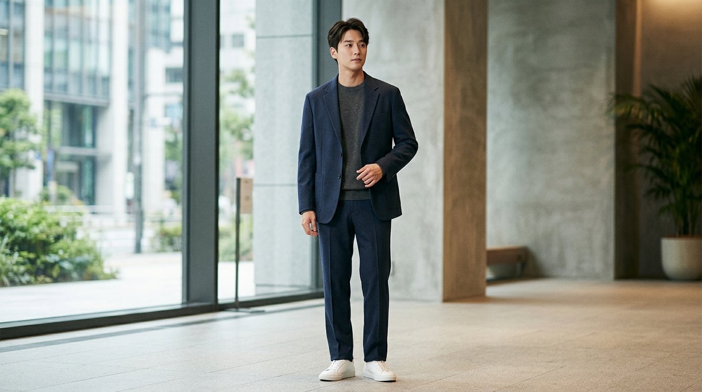 도심의 거리에서 다양한 각도로 촬영된 셋업 착장 장면
