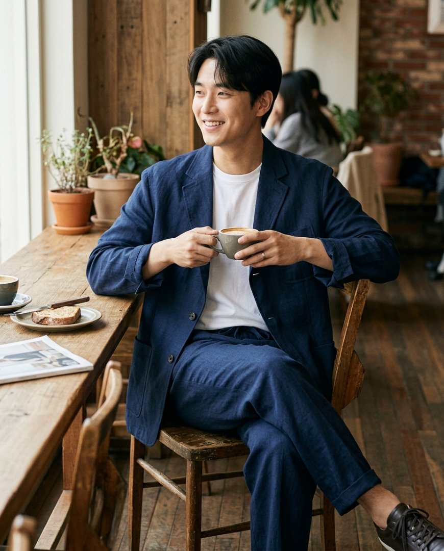 브런치 카페에서 편안한 셋업과 스니커즈 착용