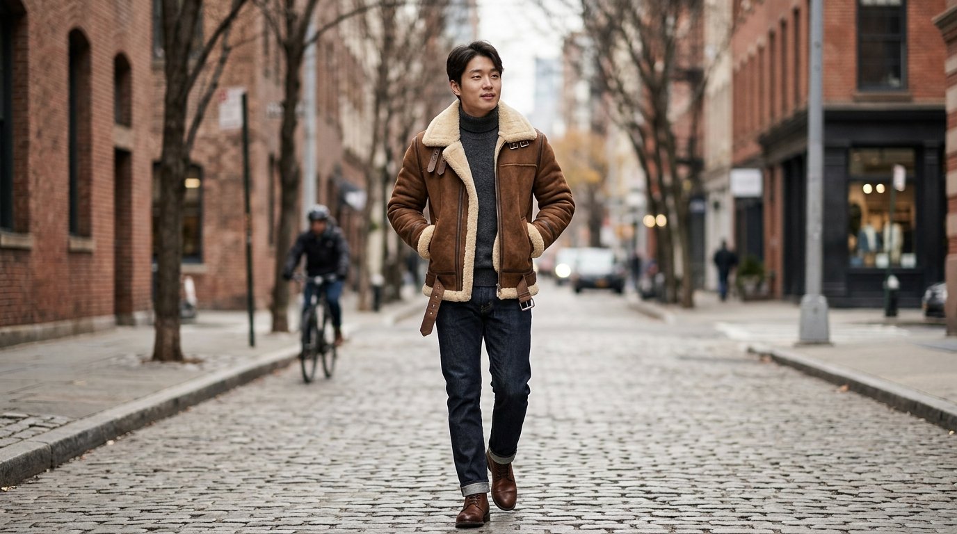 여러 남성 모델이 무스탕을 입고 있는 도시 배경