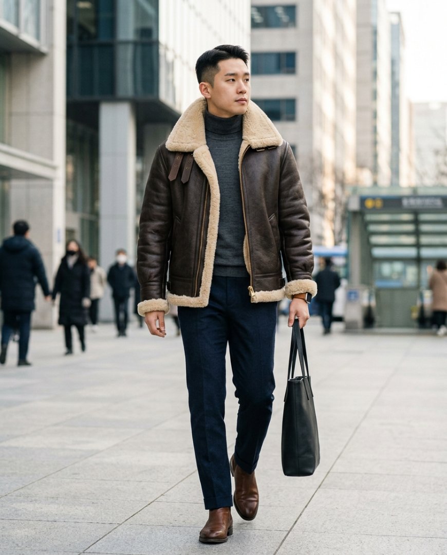 어두운 톤의 도시 배경에서 블랙 무스탕을 입은 남성
