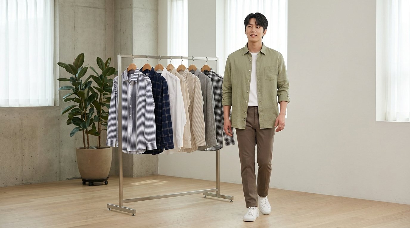 각양각색의 남성 셔츠가 옷걸이에 걸린 모습