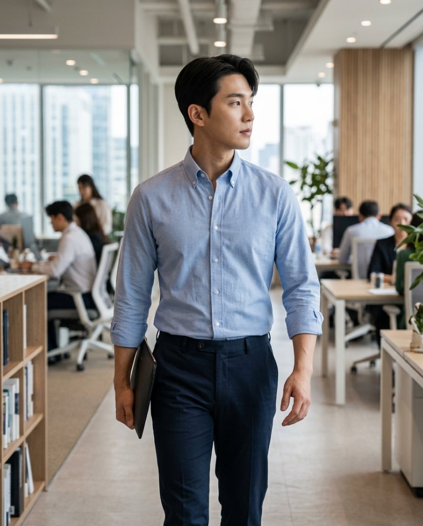 슬랙스와 블루 셔츠를 입은 남성이 사무실에 있는 모습