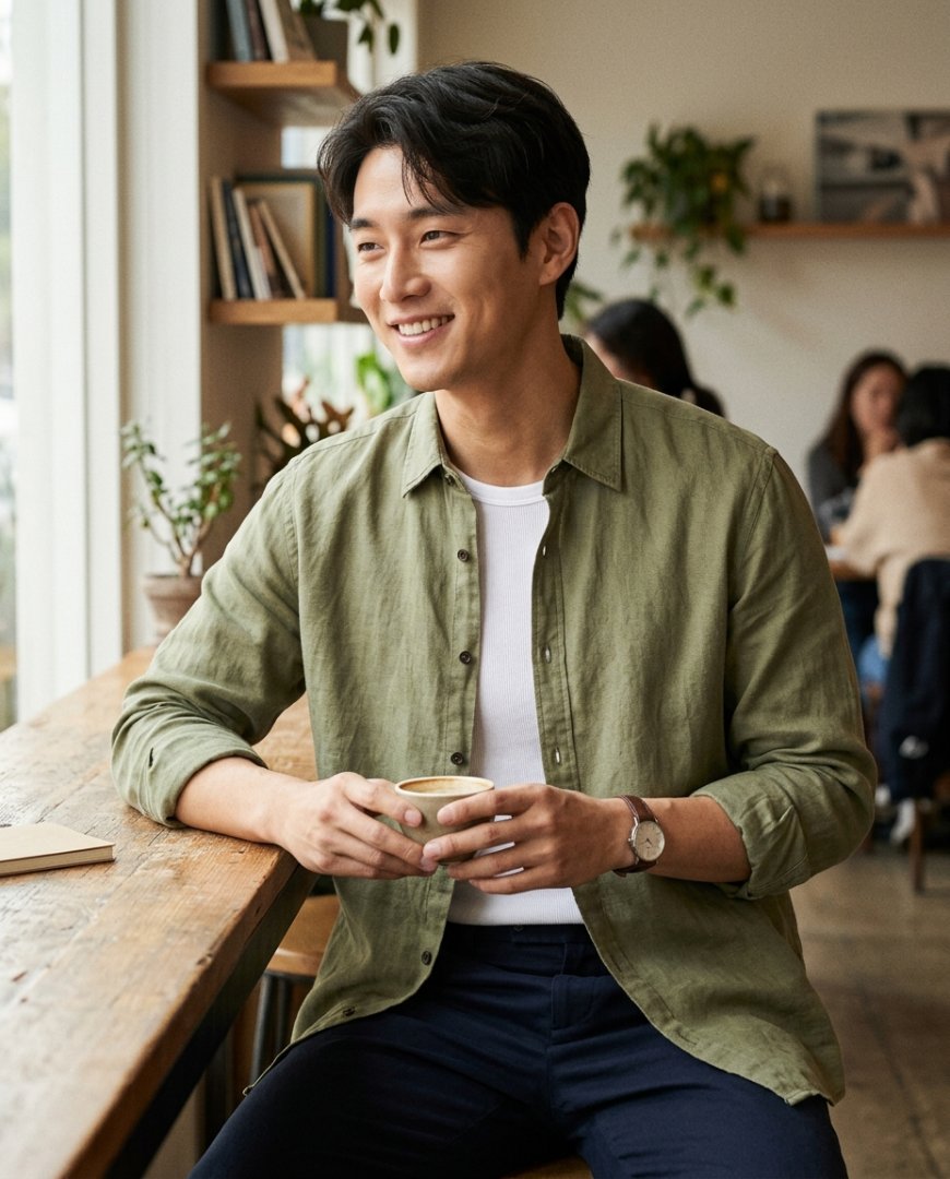 캐주얼 셔츠와 데님을 입고 주말을 보내는 남성