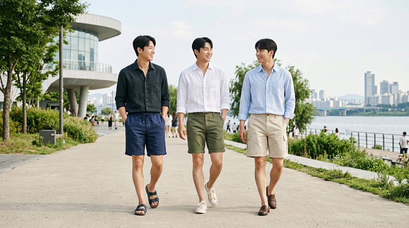 해변에서 선글라스를 쓴 남성, 캐주얼 반바지 착장