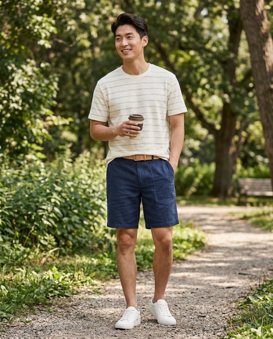 공원에서 편안한 린넨 반바지를 입은 남성