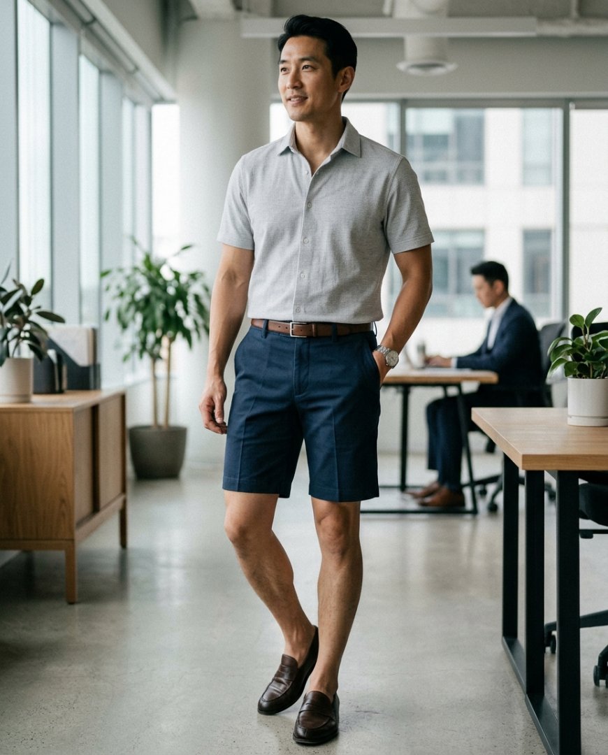 오피스에서 단정한 반바지를 입은 남성