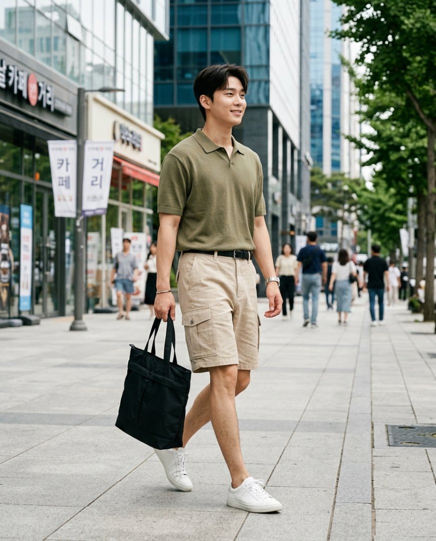 도시 속 블랙 반바지를 입은 남성