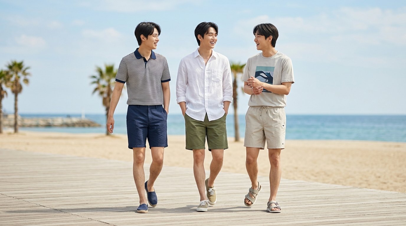 도심의 밝은 거리에서 다양한 사람들이 여름 의상을 입고 걷고 있는 모습