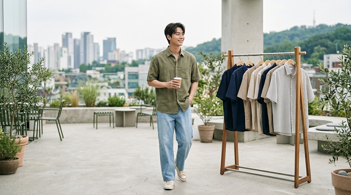 남성 반팔셔츠와 데님을 입고 있는 남성의 전신샷