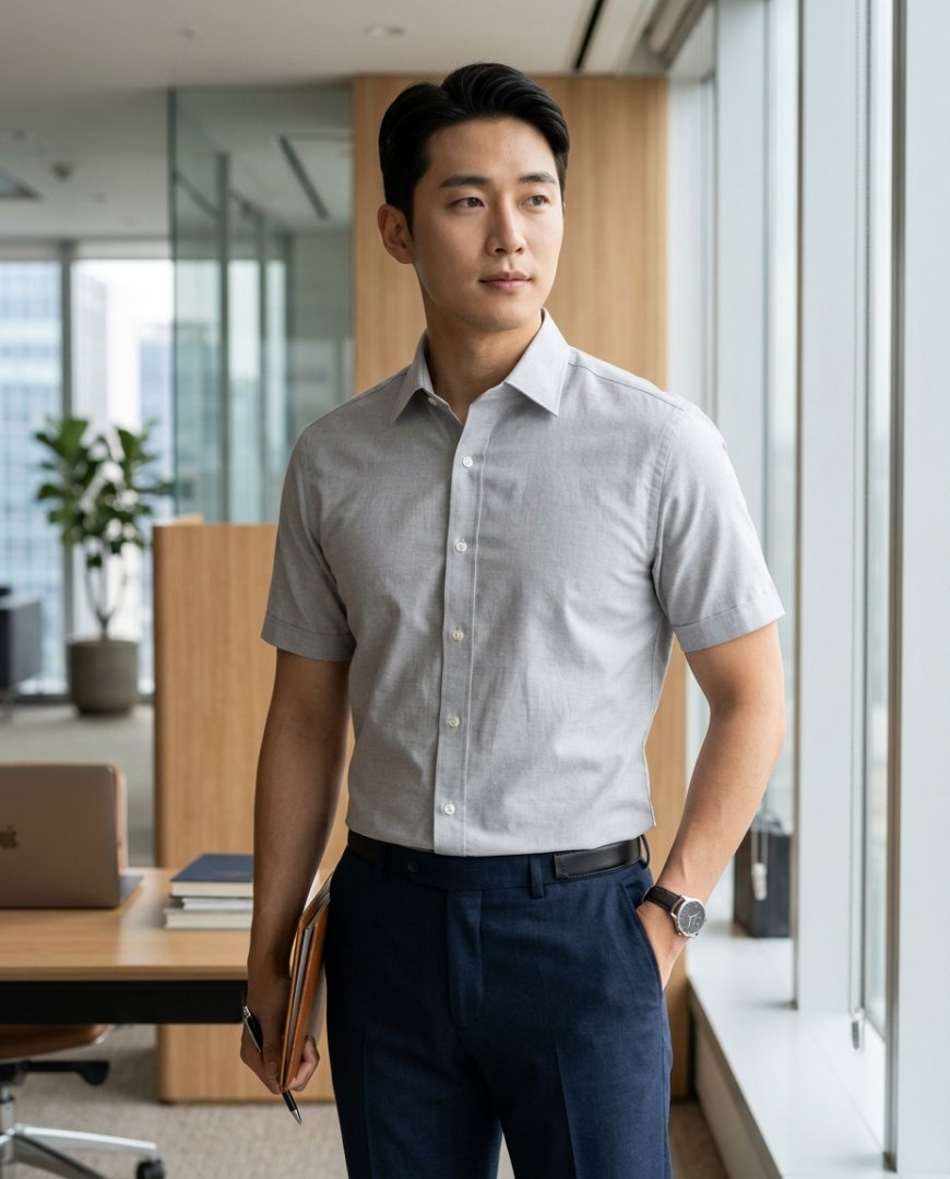 화이트 반팔셔츠와 슬랙스를 입고 있는 남성