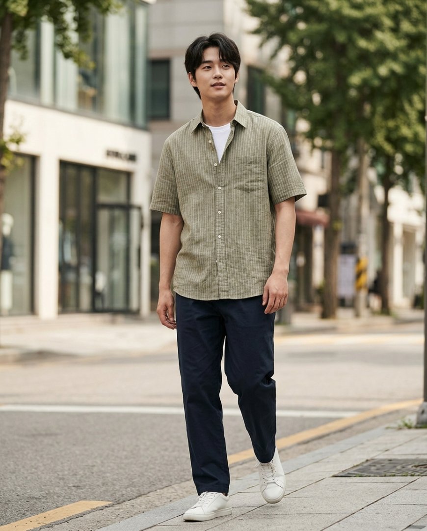 블랙 반팔셔츠와 데님을 입고 있는 남성