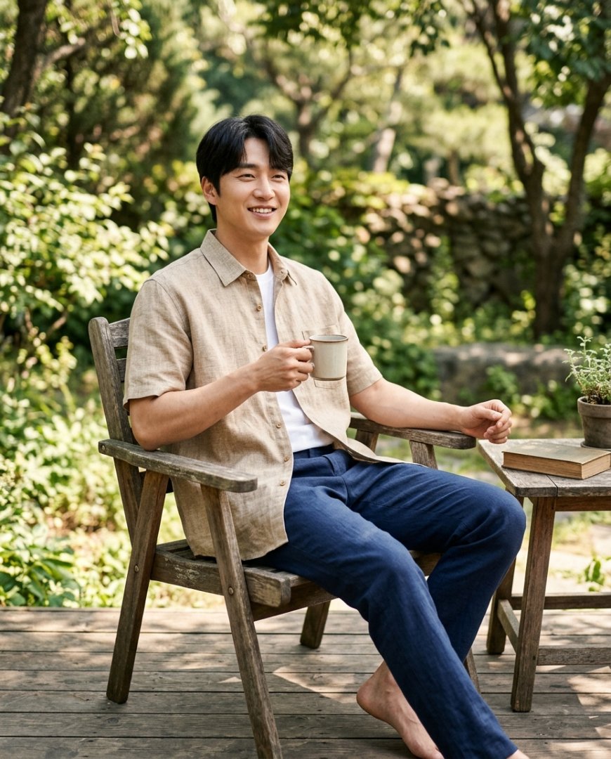 세미오버핏 반팔셔츠와 반바지를 입고 있는 남성