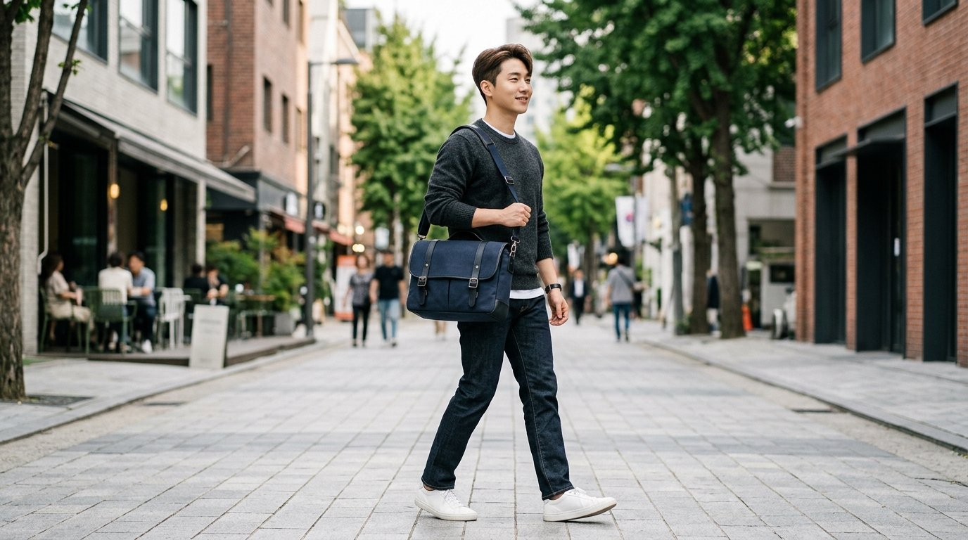 도시 강변에서 숄더백을 맨 남성이 산책하는 모습