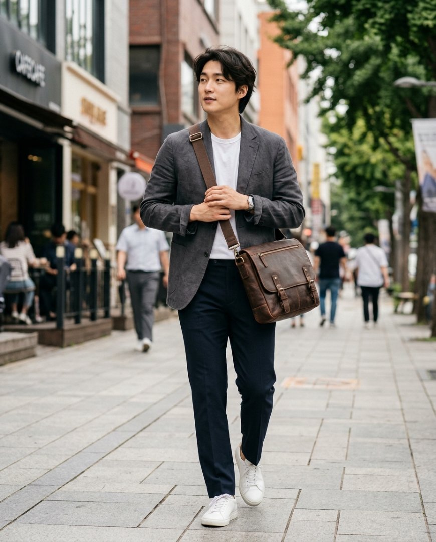 도시 저녁에 나일론 숄더백을 멘 남성