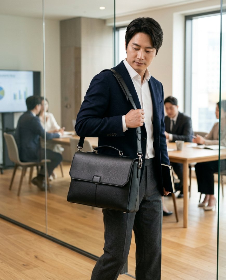 회사 로비에서 가죽 숄더백을 든 남성