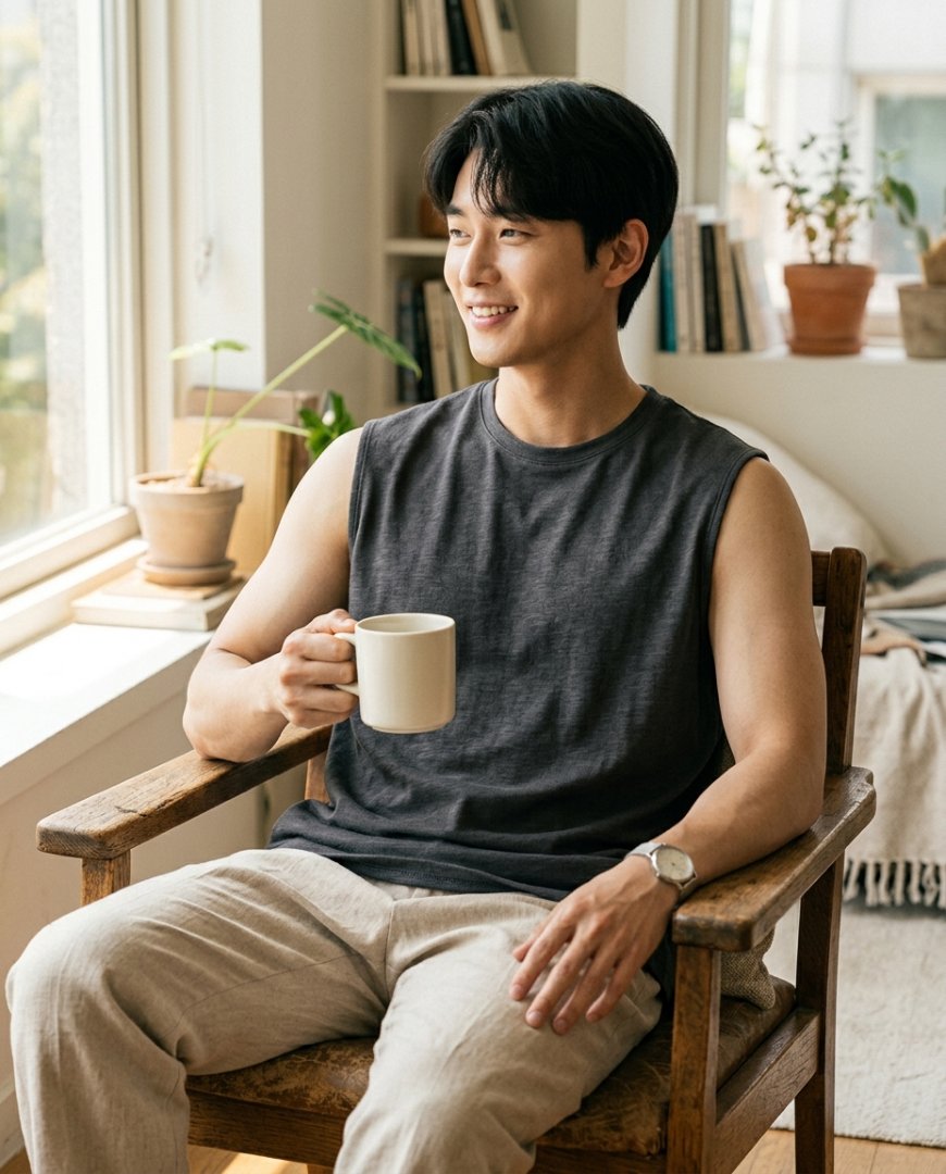 캐주얼 룩의 오버핏 슬리브리스