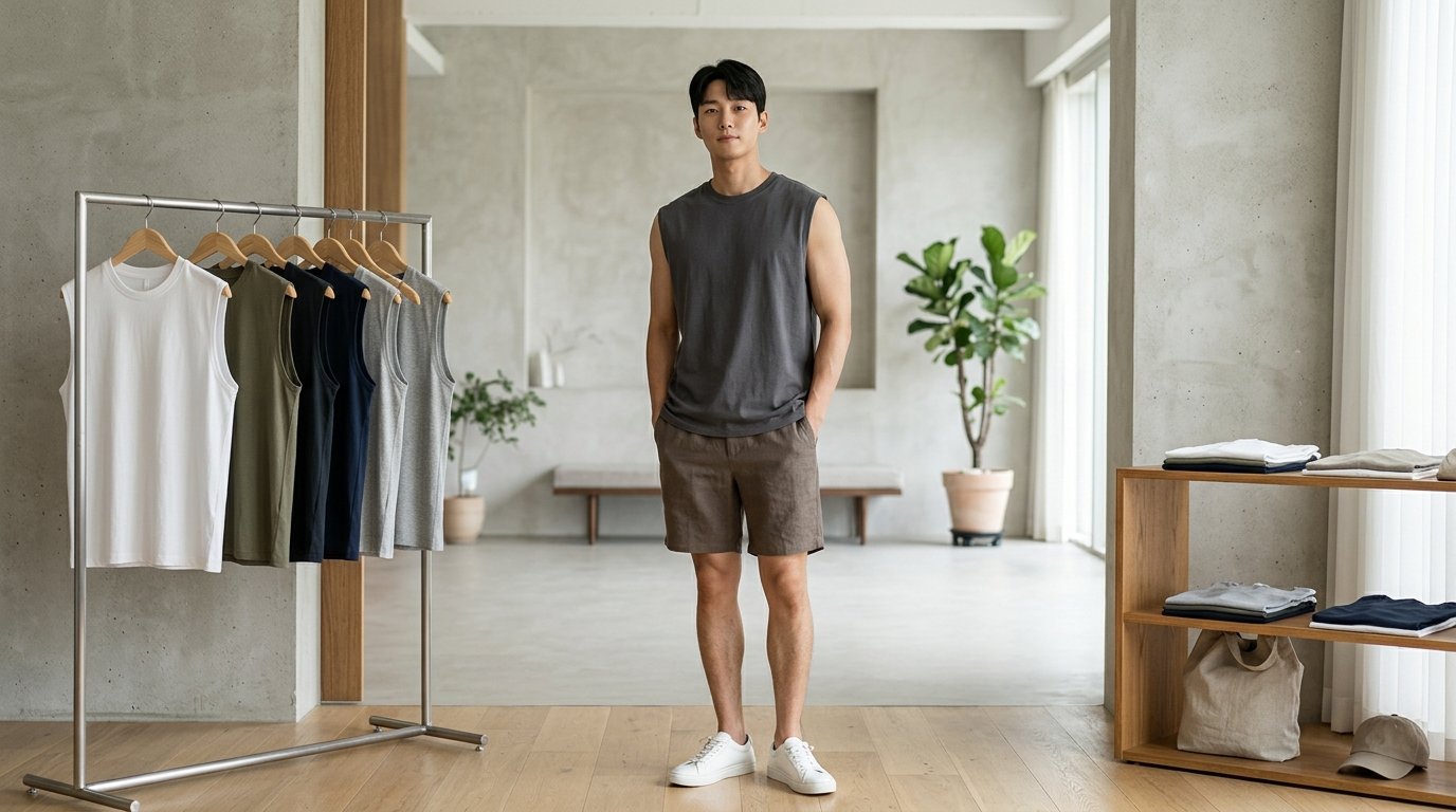 도심 배경으로 민소매 티셔츠 입은 남성들