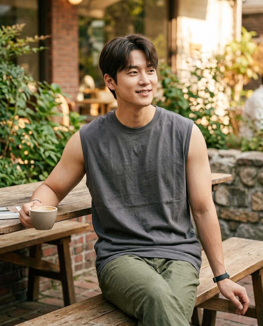 카페에서 민소매 티셔츠 입은 남성을 클로즈업